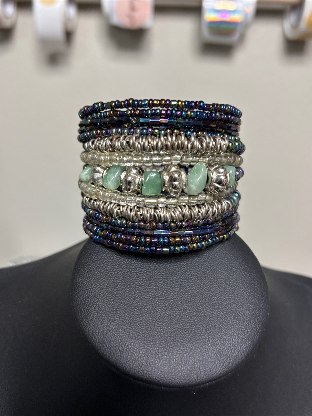 Stone Glass Silver & Iridescent Beaded Multi-Row Wrap Boho Statement Bracelet
